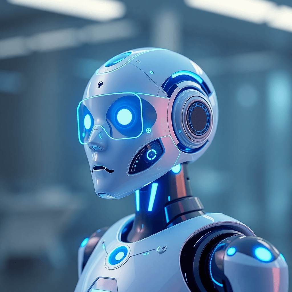 Futuristic 3D illustration of an AI robot assistant with blue glowing elements, glassmorphism style